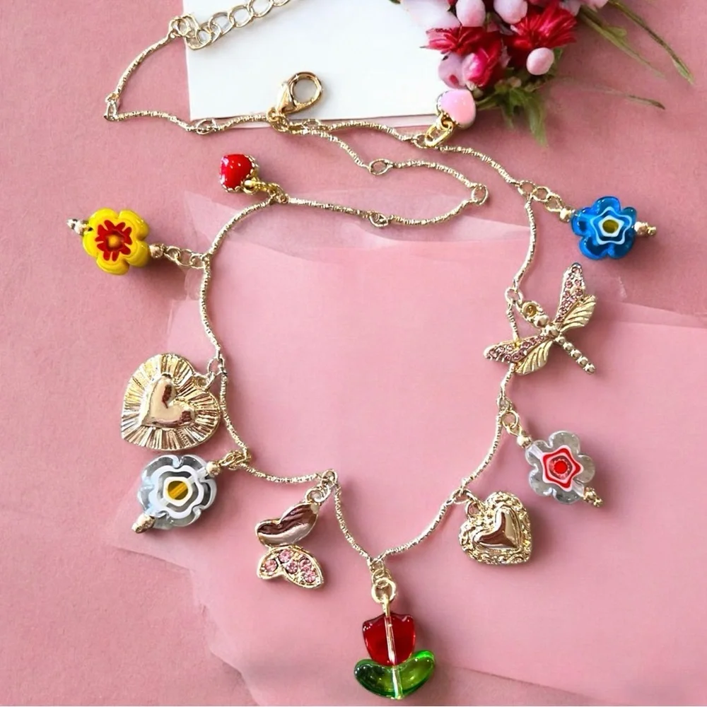 Gold and Red toned Charm Necklace glass rhinestones enamel tulip flower hearts